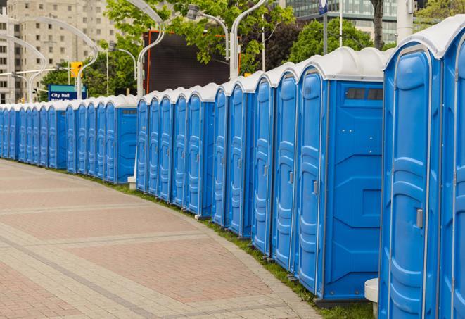 portable restrooms lined up at a marathon, ensuring runners can take a much-needed bathroom break in Apple Valley, CA